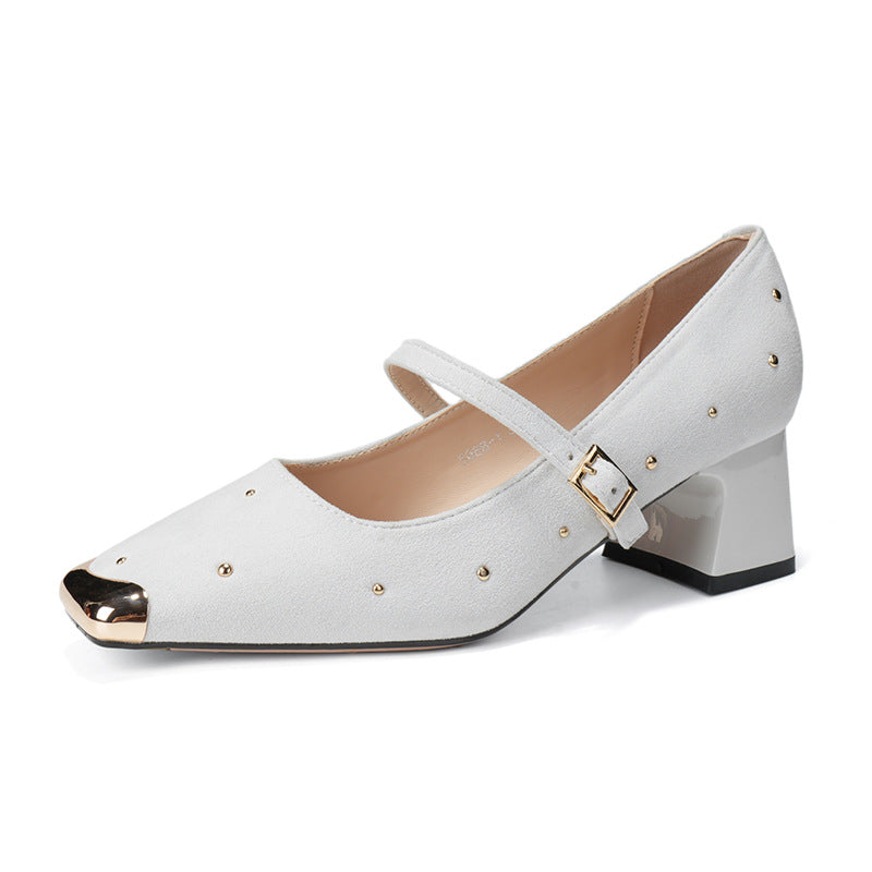 Women's French Joker Retro Square Toe Rivet Chunky Mary Heels