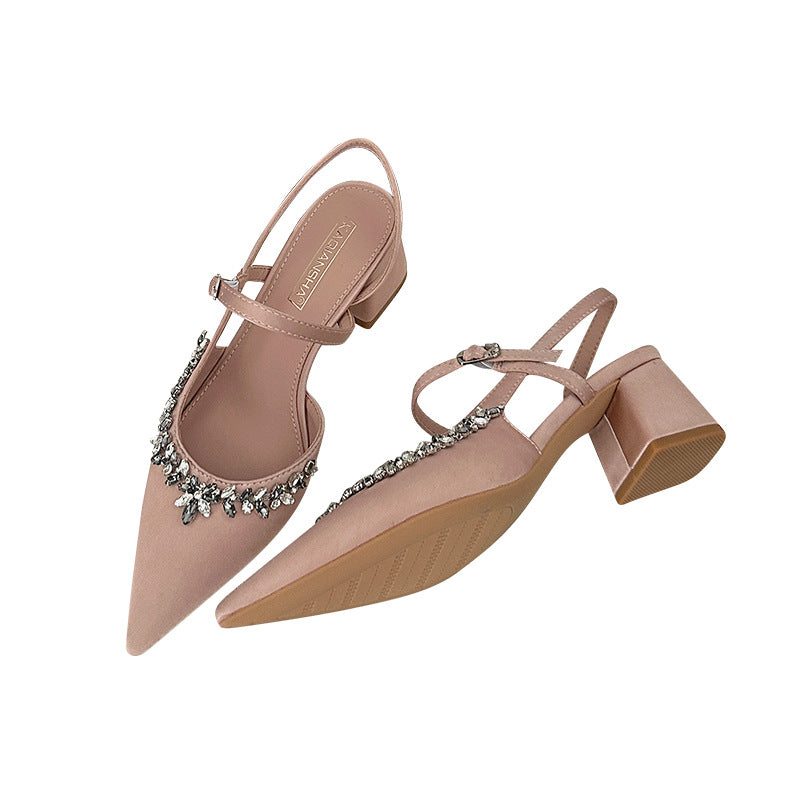 Women's Toe Rhinestone High Stiletto Champagne Strap Heels