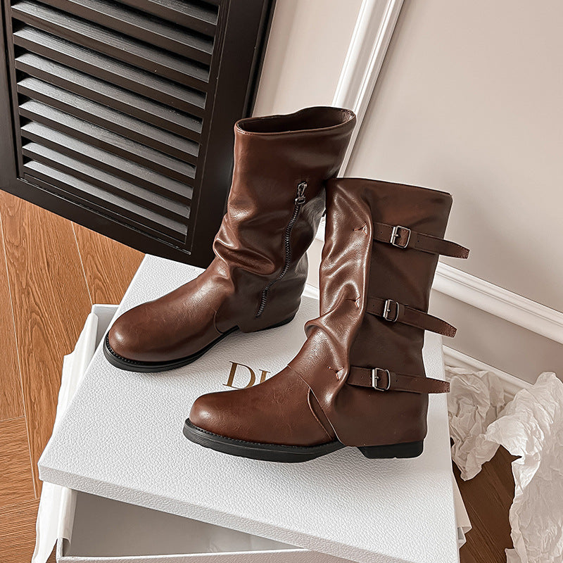 Women's Middle Outer Wear Retro Punk Side Zipper Pants Western Style Women's Leather Boots