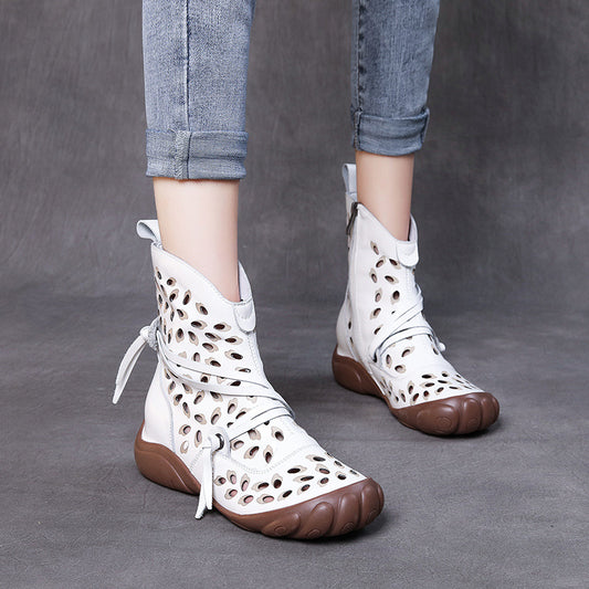 Women's Handmade Authentic Hollow Out Hole Soft Bottom Breathable Single-layer Women's Leather Boots