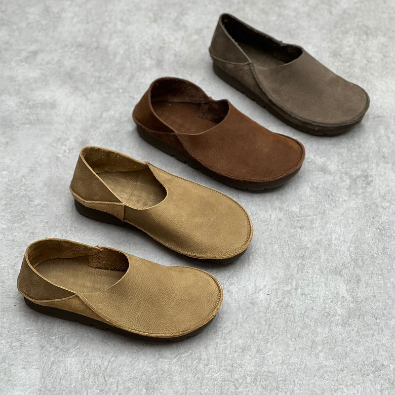 Women's Crafts Genuine Pumps Retro Round Toe Flat Bottom Comfortable Two-way Women's Casual Shoes