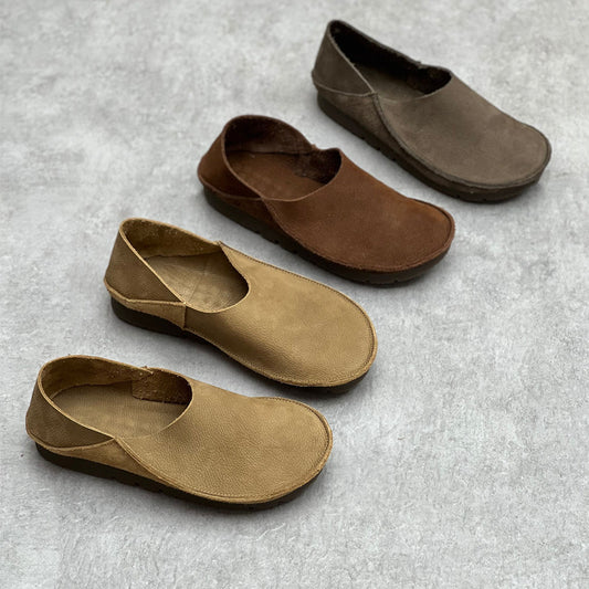 Women's Crafts Genuine Pumps Retro Round Toe Flat Bottom Comfortable Two-way Women's Casual Shoes
