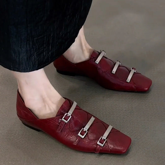 Women's Retro Metal Buckle Temperament Square Toe Flat Bottom Mary Jane Women's Fashion Shoes