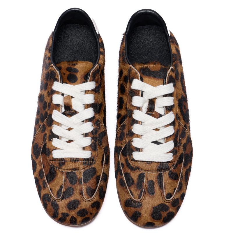 Women's Spring Genuine Lace Up Flat Leopard Print Women's Sports Shoes