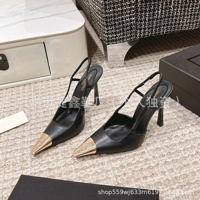 Women's Sexy Gold Small Square Toe Back Empty Stilettos Sandals
