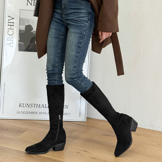 Cowboy Below The Knee Retro Long Female Chunky Height Women's Leather Boots
