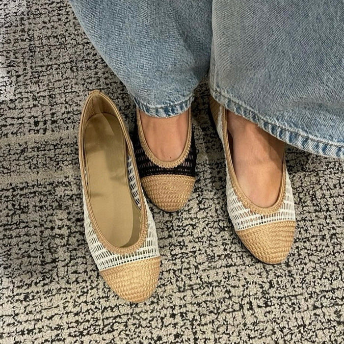 Women's Color Matching Straw Mesh Hollow Flat Women's Fashion Shoes