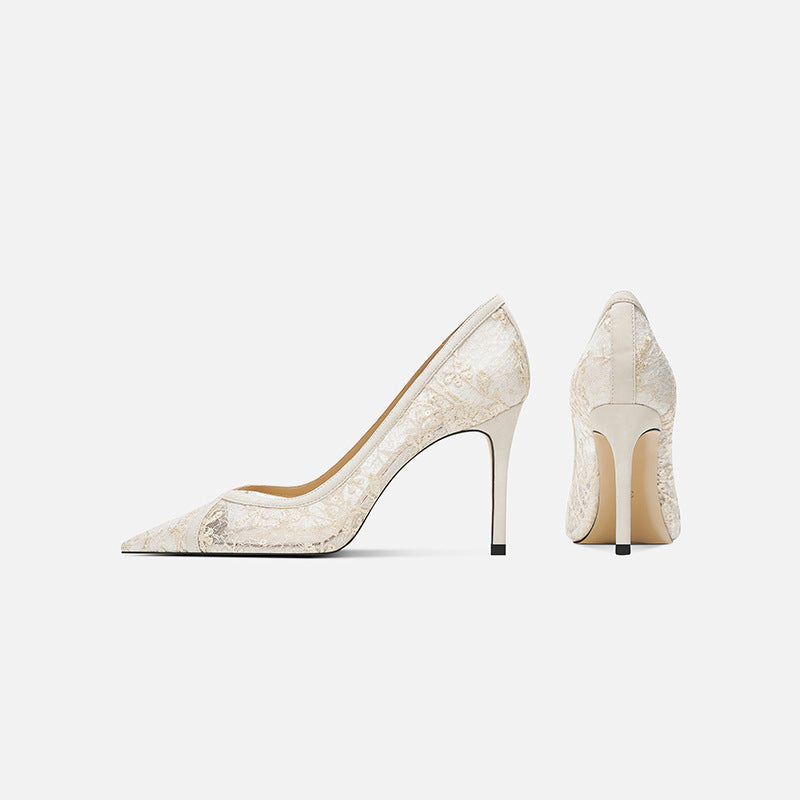 Women's Sheepskin High Lace Breathable Hollow Out Pumps Fairy Pointed Toe Women's Fashion Shoes