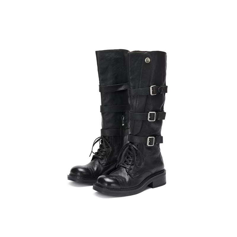 Women's High Motorcycle Genuine Strap Handsome Retro Heels
