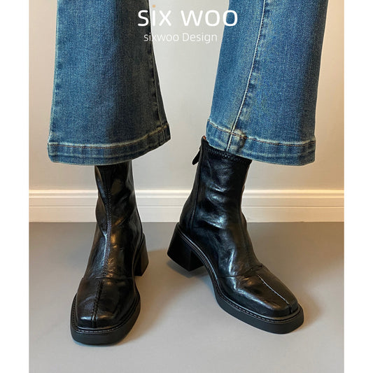 Women's Chunky French Style Booties Martin High Women's Leather Boots