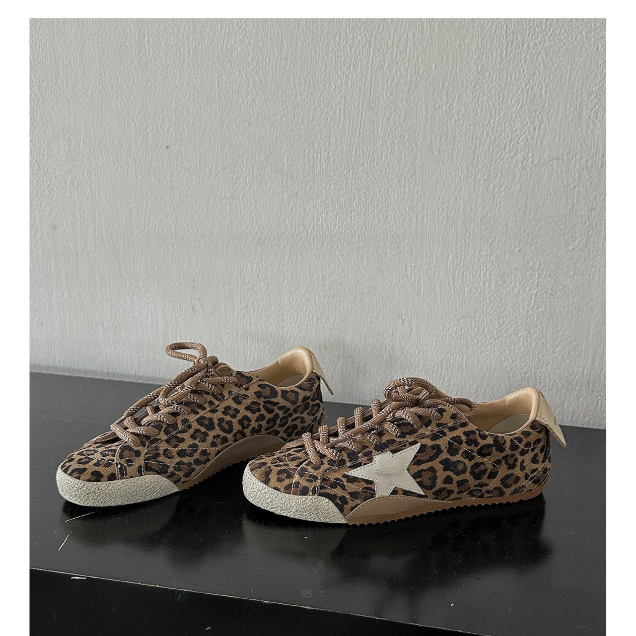 Women's Leopard Print Retro Distressed Star Height Increasing Insole German Training Women's Casual Shoes