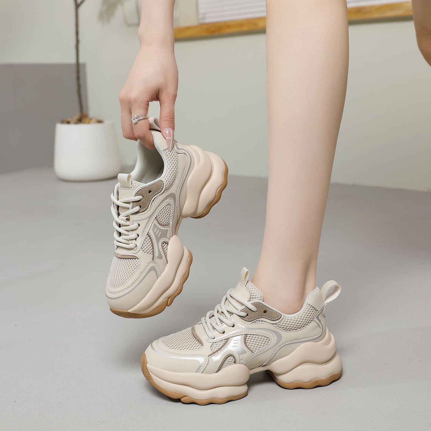Women's Dad Autumn Heightened Daddy Mesh Stitching Authentic Sports Casual Shoes