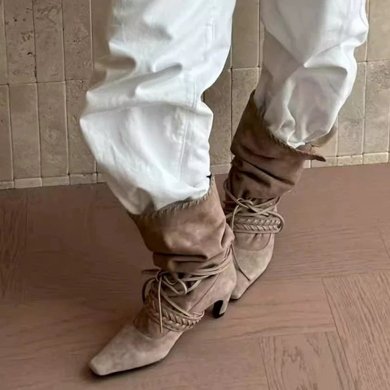 Women's Nomadic Niche Suede Square Toe High Western Cowboy Pleated Skinny Women's Leather Boots