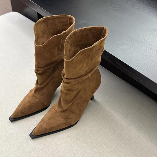 Women's Pointed Toe Pile Style High Stiletto Vintage Crumpled Ankle With Women's Leather Boots