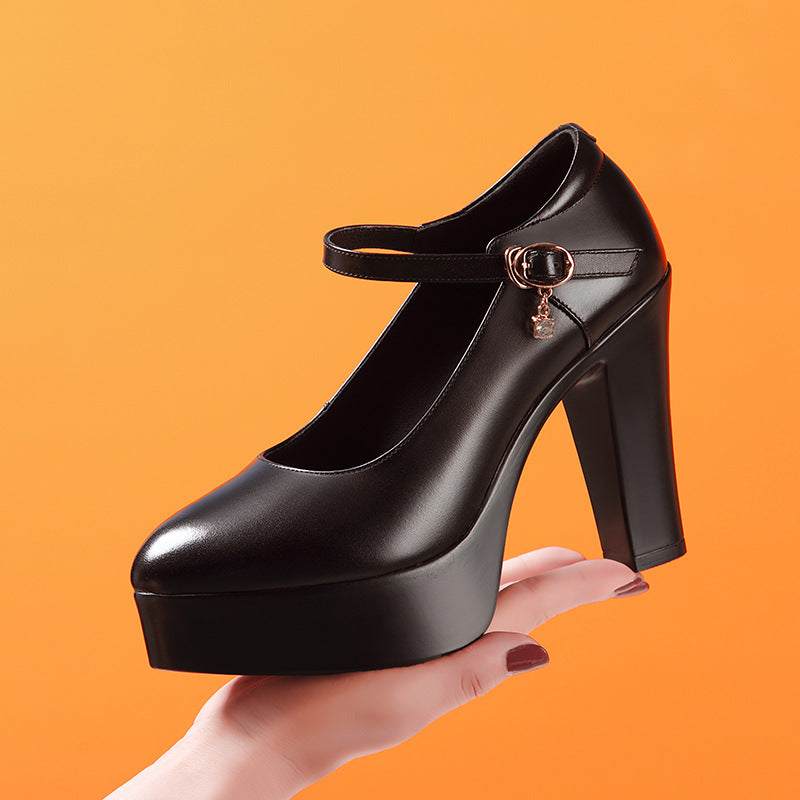 Women's High Chunky Waterproof Platform Cheongsam Model Pumps Pointed Black Soft Leather Shoes