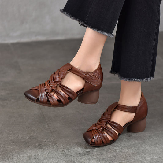 Women's Cowhide Handmade Woven Hollowed Chunky Mid Toe High Heeled Sandals