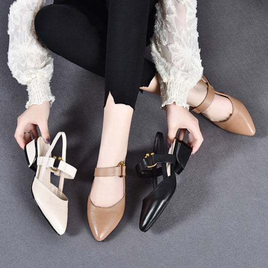 Women's Mid Square Toe Pumps Buckle Cowhide High Heeled Sandals