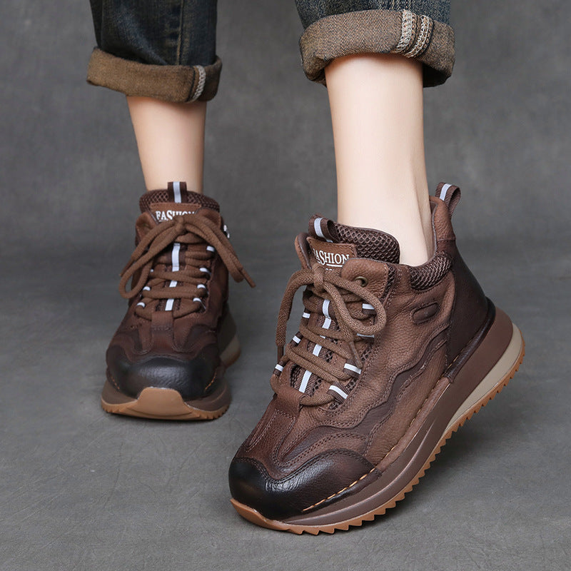 Women's Cowhide Retro Platform Autumn Versatile Color Sports Casual Shoes