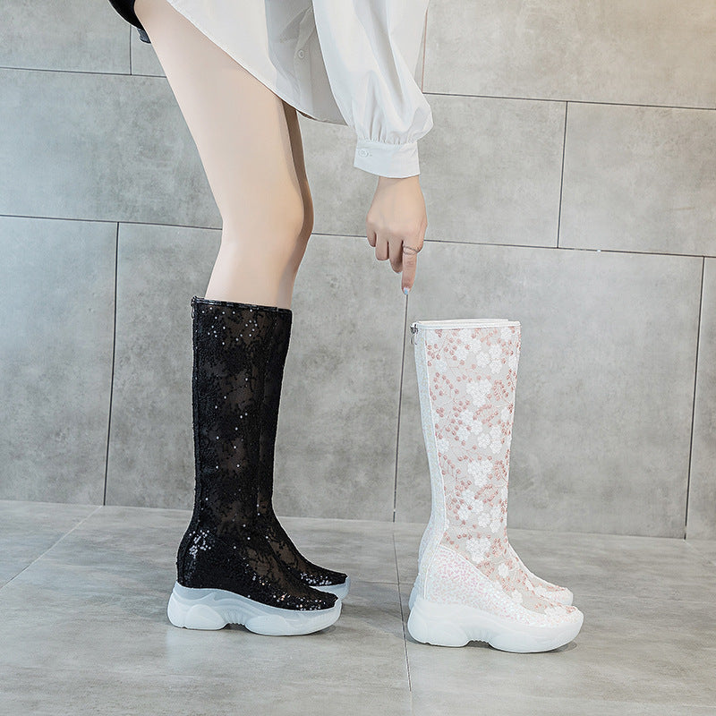 Women's Insole Embroidered Back Zipper Small Slim Below The Women's Leather Boots