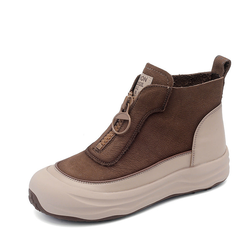Cowhide Retro Platform Ankle Front Zipper Boots
