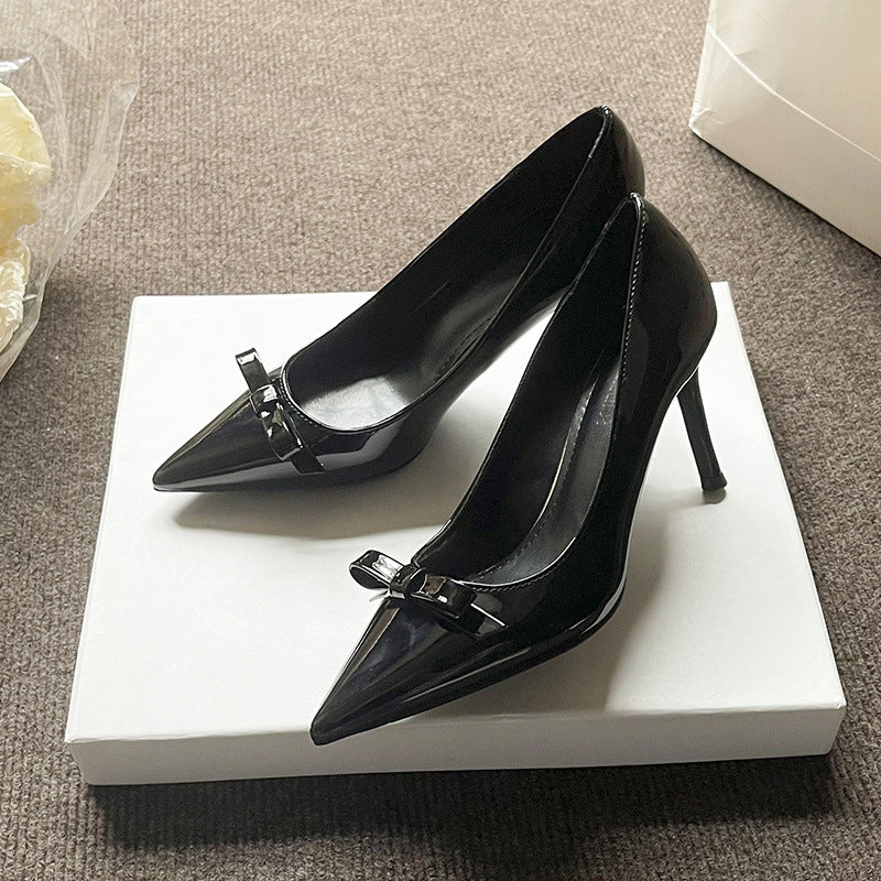 High Stiletto Pointed Patent Bow French Style Women's Fashion Shoes