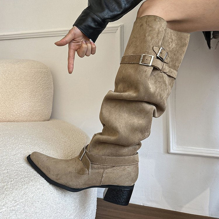 Women's Knight Retro Below The Knee Pointed Toe Chunky Women's Leather Boots