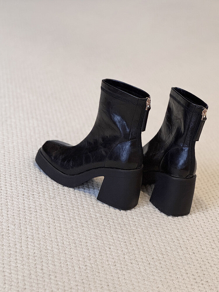 Women's Toe High Thin Chunky French Ankle Women's Leather Boots