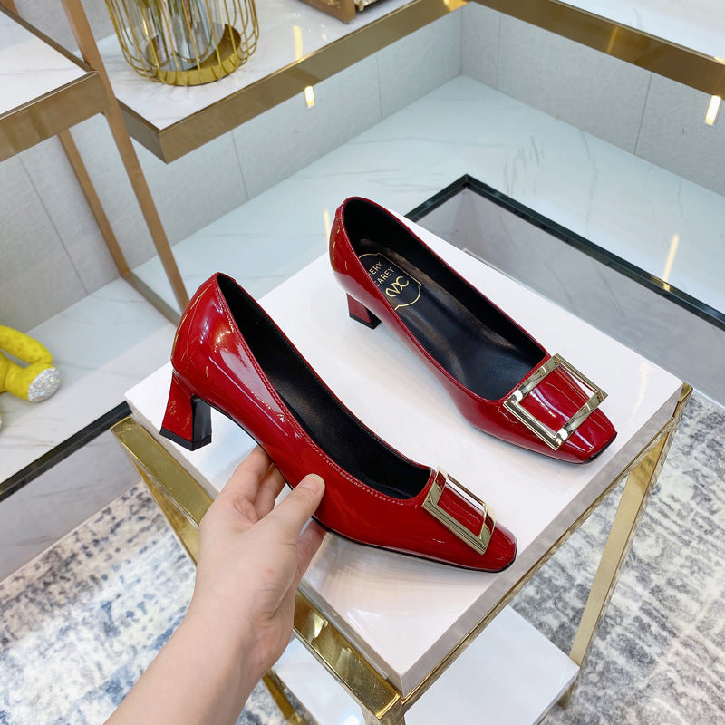 Patent Square Buckle Chunky Wine Glass Shallow Mouth Pumps Red Heels