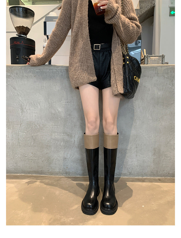 Women's Matching Fashion Round Head Thick Bottom Chunky Women's Leather Boots