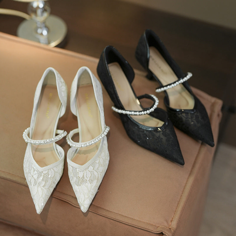 Women's Style Mesh Pointed High Stiletto Low Pearl Women's Fashion Shoes