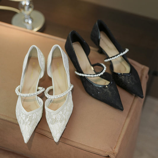 Women's Style Mesh Pointed High Stiletto Low Pearl Women's Fashion Shoes