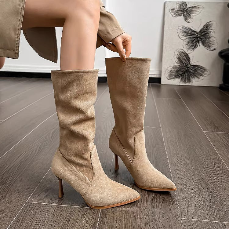 Women's Elegant Suede Stiletto Pointed High Short Women's Leather Boots