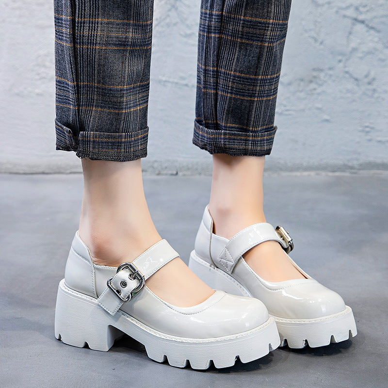 Women's Trendy Spring British Style Thick Bottom Low-cut Chunky Round Head Heels
