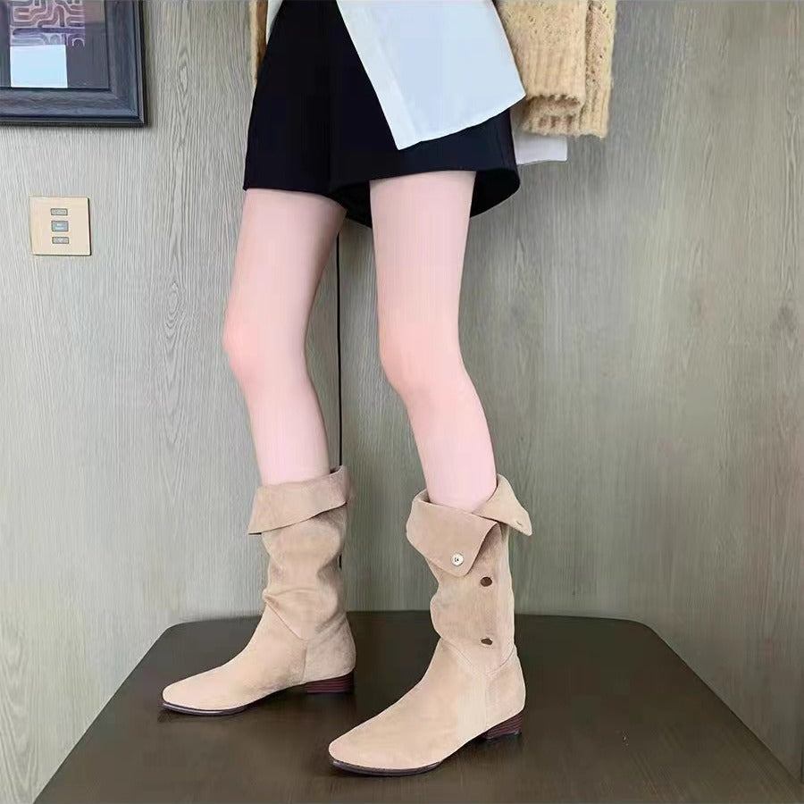 Women's Hot Lapel Pleated Pile Pointed Toe Long Tube Western Women's Leather Boots