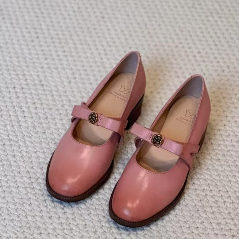 Women's Retro Commuter Bow Camellia Shallow Mouth Pumps Chunky Genuine Mary Women's Fashion Shoes