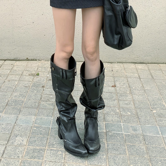 Women's The Knee Pointed Toe Chunky Black Pile Women's Leather Boots