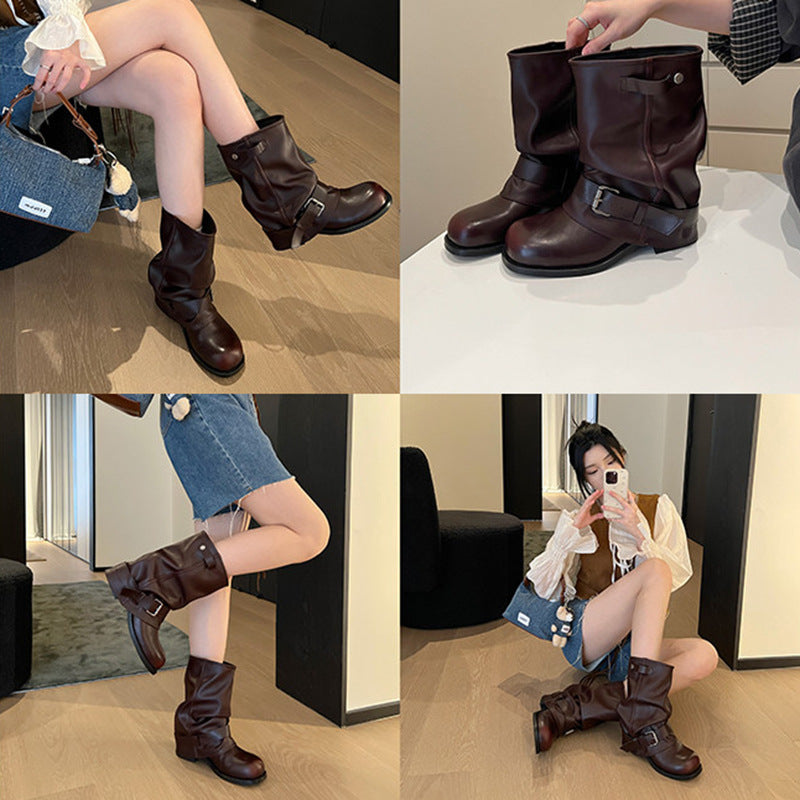 Women's Insole Western Cowboy Pile Style Short Retro Rub Colored Pleated Women's Leather Boots