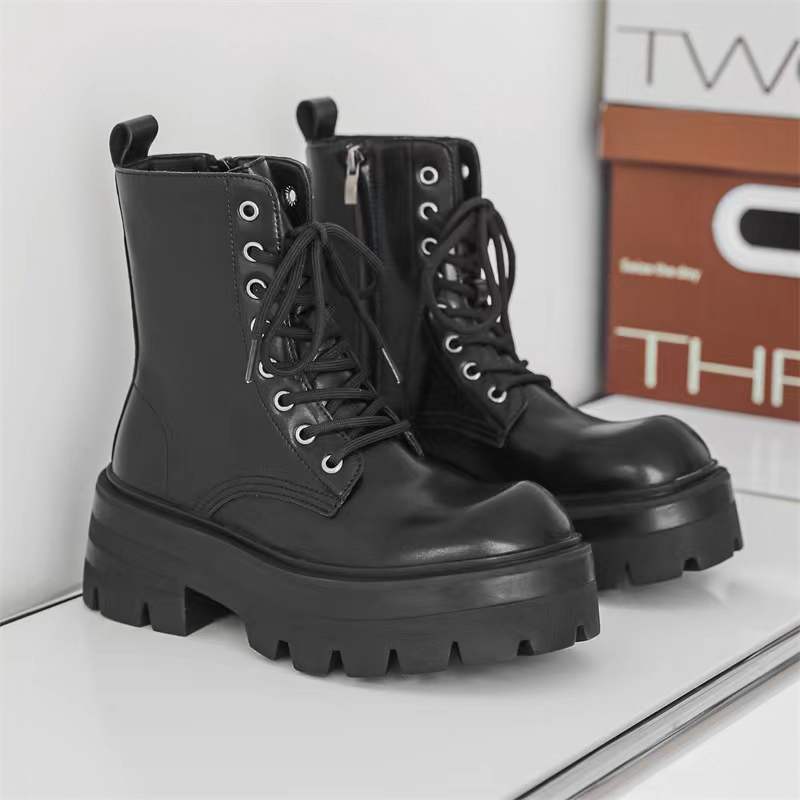 Men's British Style Black Side Zip Platform Motorcycle Boots