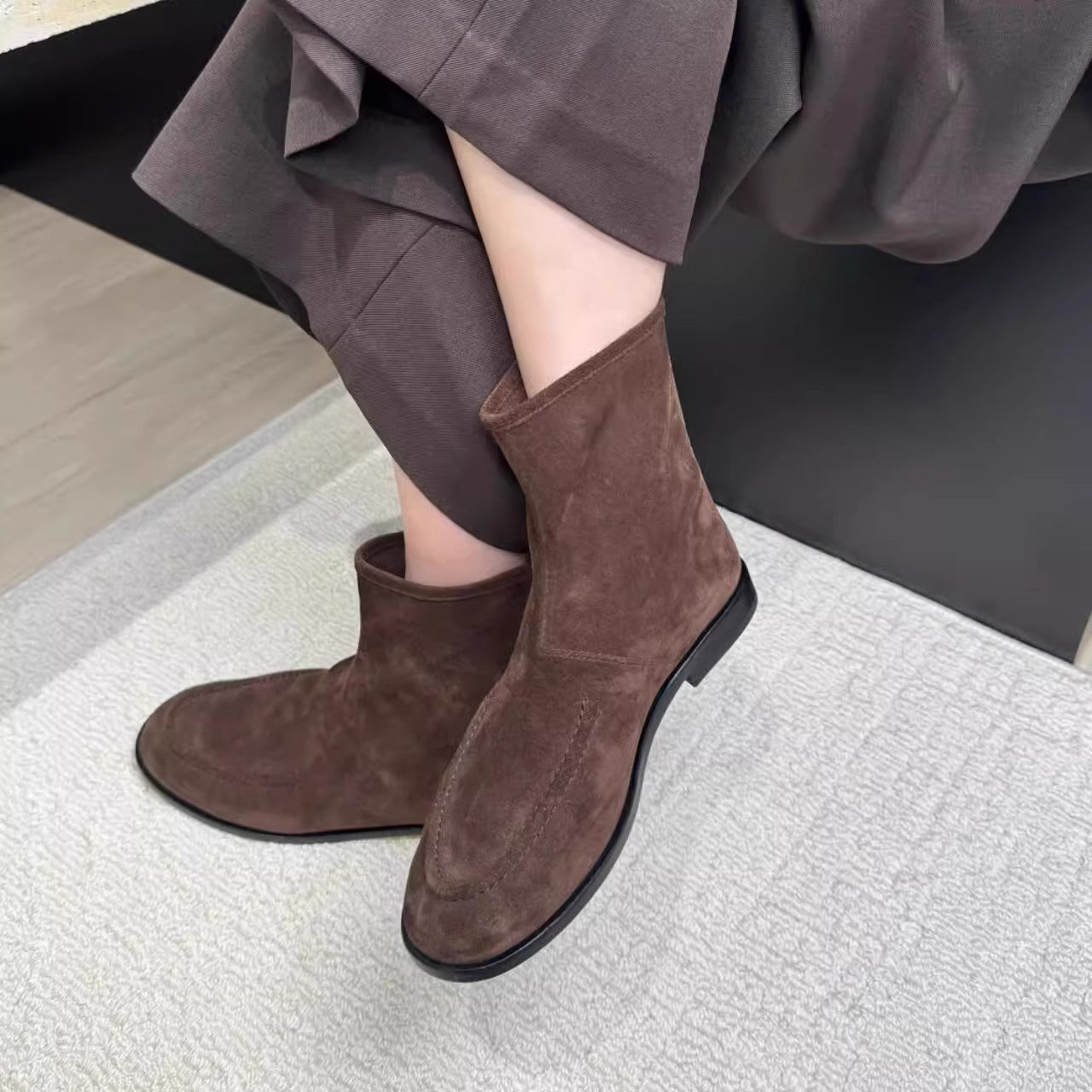 British Style Round Toe Flat Bottom Ankle Genuine Suede Skinny Women's Leather Boots