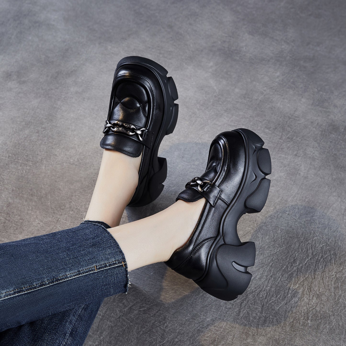 Women's British Platform Autumn Small Heightened Single Layer Authentic Round Women's Casual Shoes