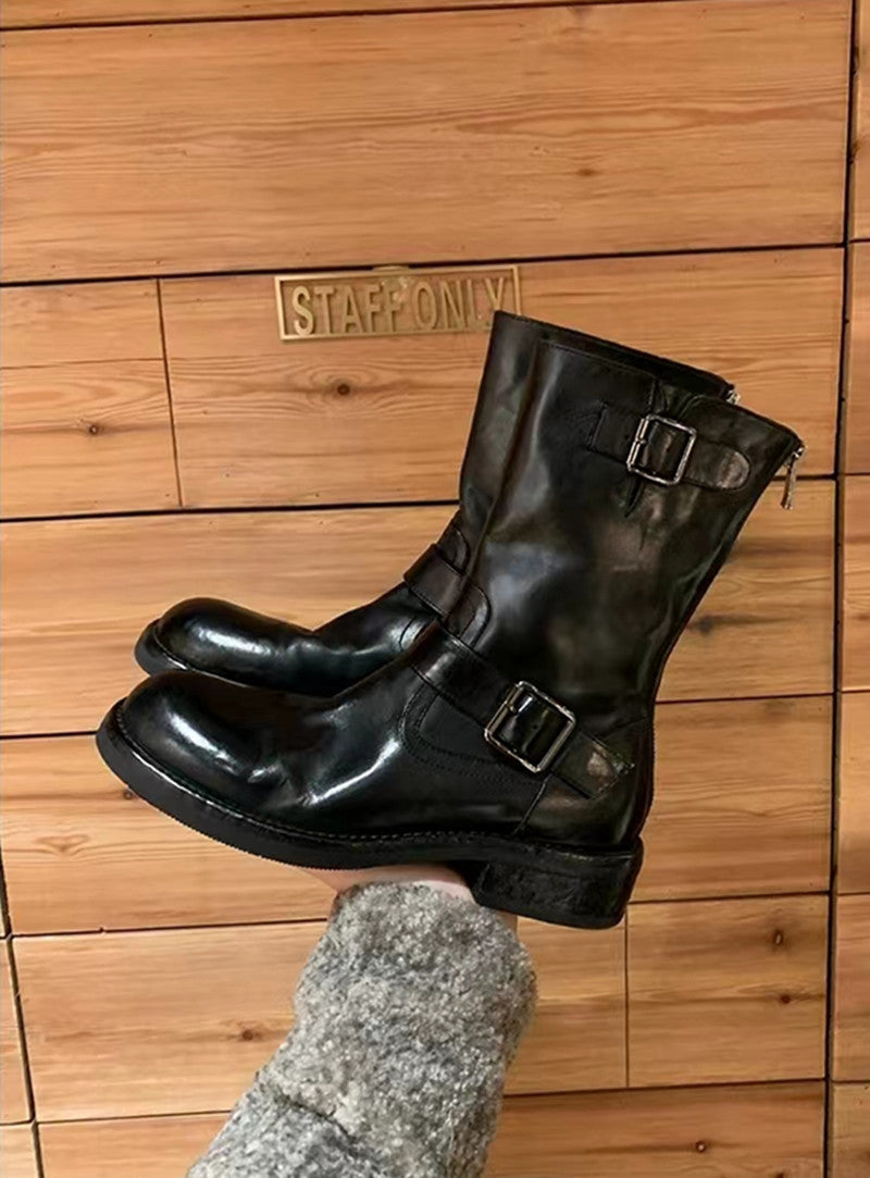 Buckle Design Horse Round Head Small Chunky Increased Look Women's Leather Boots
