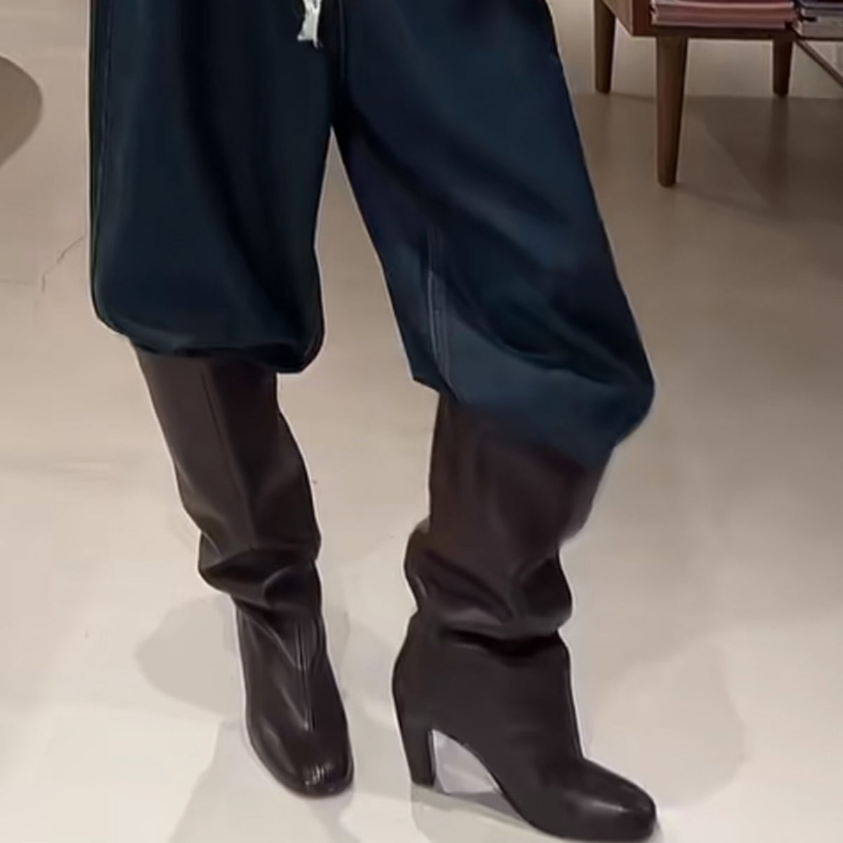 Women's Chunky Pile Style Below The Knee High Long Black Color Women's Leather Boots