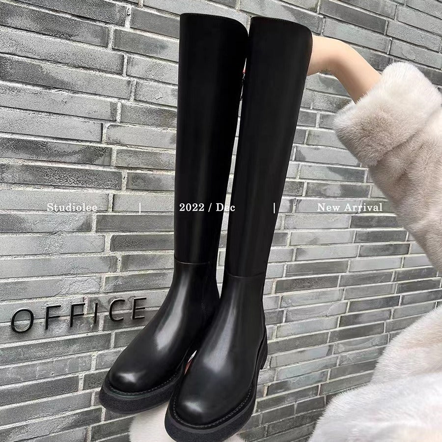 Women's Cowhide Version Thick Bottom Small Stretch Knight Women's Leather Boots