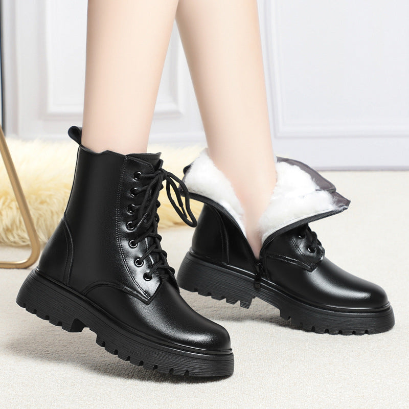 Women's Lined Padded Warm Keeping Northeast Fur Integrated Short Women's Leather Boots