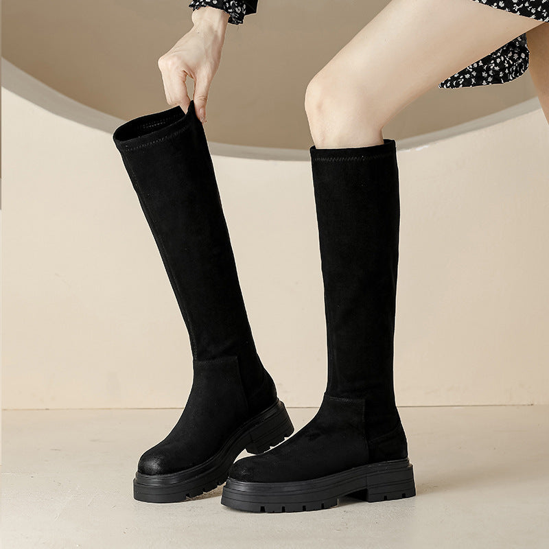 Suede Stretch Skinny Below The Knee Long Women's Leather Boots
