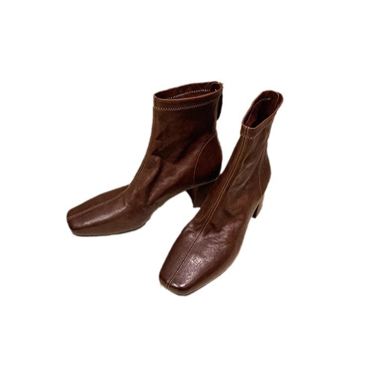 Women's French Style Square Toe Distressed Shrink Horse Slimming Chunky Women's Leather Boots