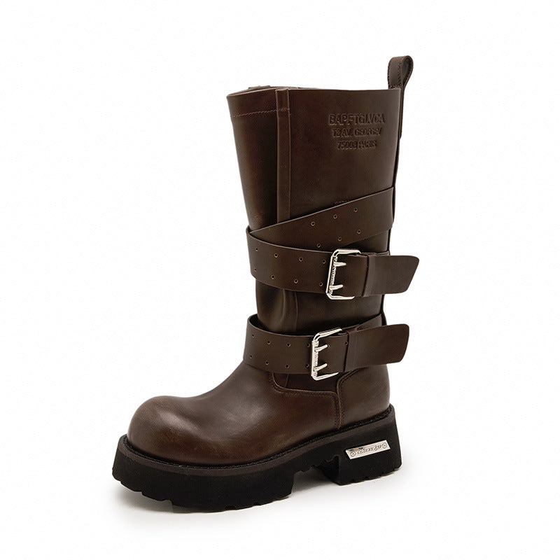 Women's Bottom Retro Big Head Derby Punk Motorcycle Knight Women's Leather Boots