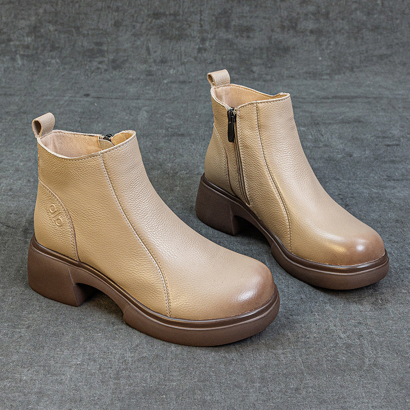 Women's First Layer Cowhide Martin Retro British Style Genuine Medium Heels