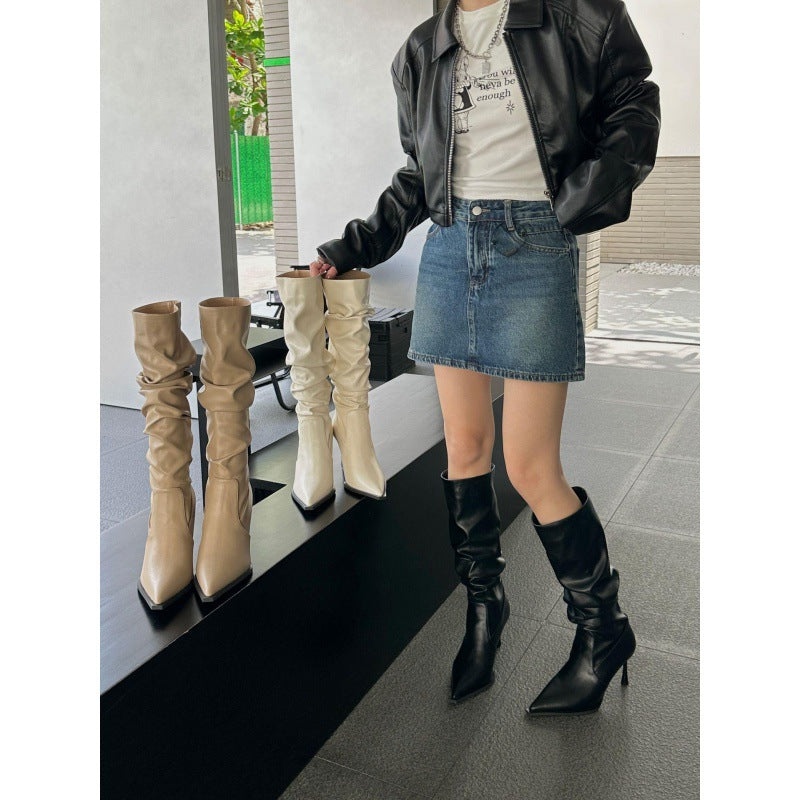 Women's Retro Pleated High-heeled High Top Long Design Women's Leather Boots
