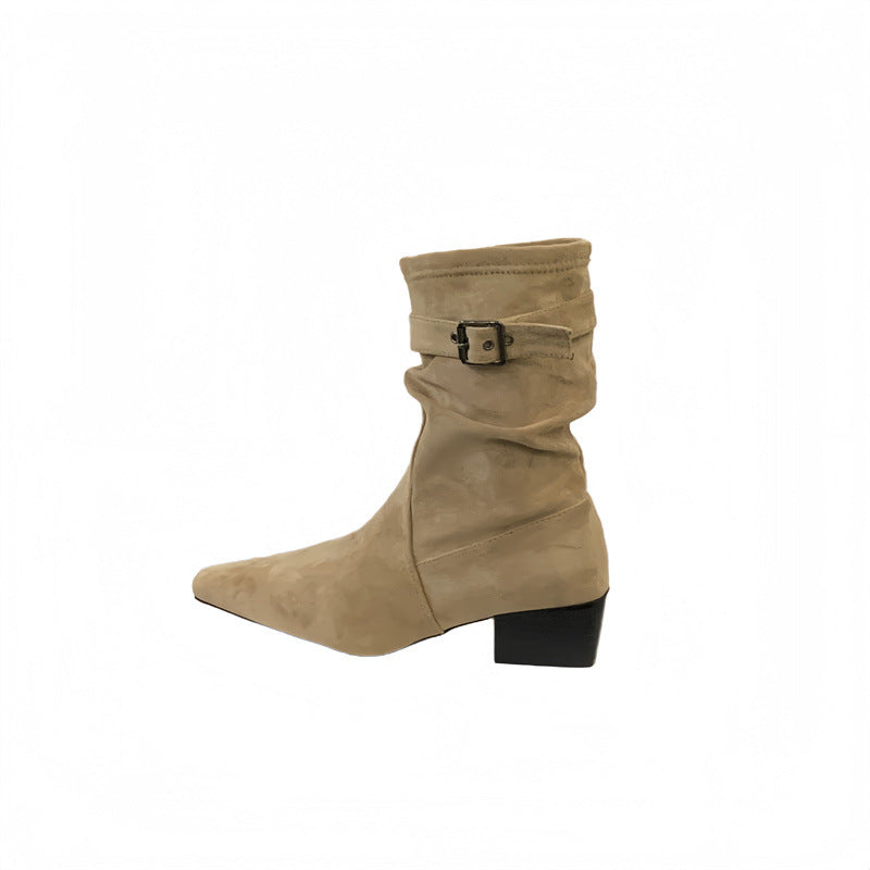 Women's With Skirt Thin Khaki Matte Suede Boots